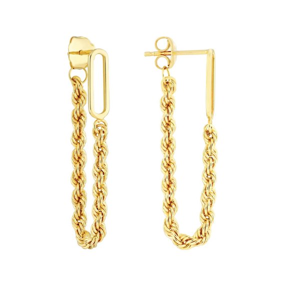 14K Solid Gold Front to Back Paper Clip and Rope Chain Earrings